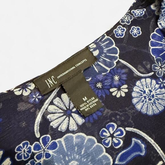 INC International Concepts Dark Blue Floral Mesh Ruched Long Sheer Sleeve Top - Picture 7 of 7